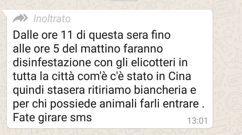 Bufala Coronavirus, l'ultima: "Stasera disinfestazione con gli elicotteri"