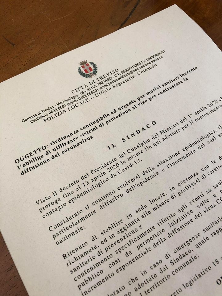 Ordinanza Treviso, obbligo mascherine in aree pubbliche
