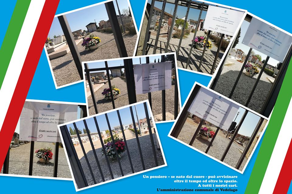 Cimiteri Vedelago, fiori con messaggio e nastro tricolore per i cari defunti