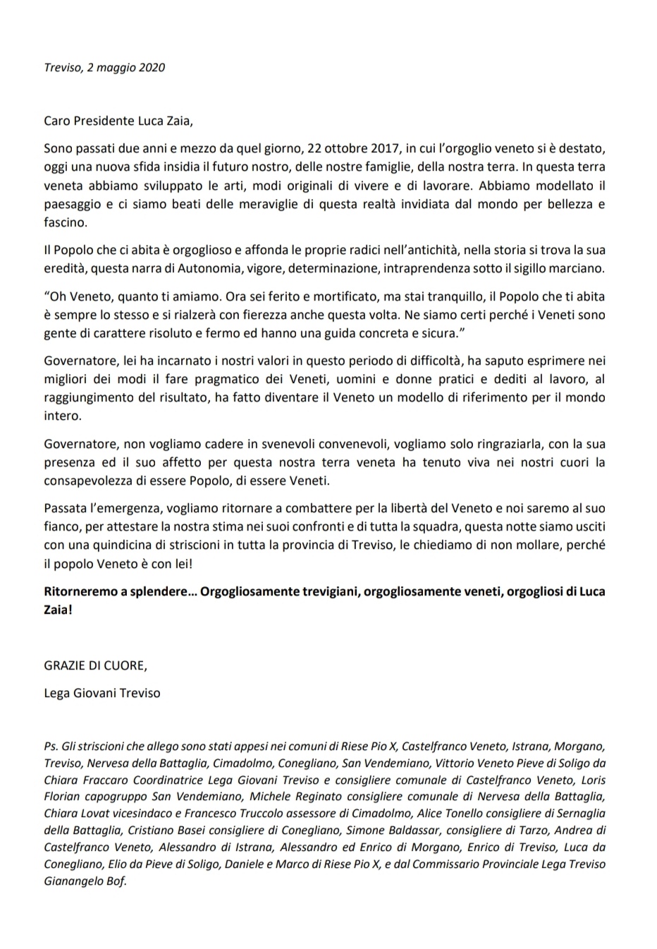 Lega Giovani Treviso, lettera e striscioni per Zaia: "Grazie Governatore" - FOTO