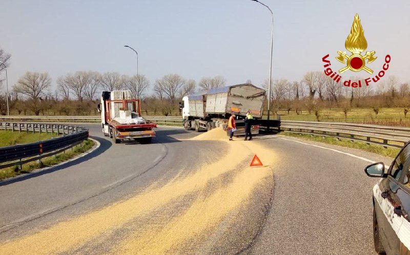 Si rompe la sponda del camion, Postumia “inondata” di grano