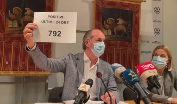 Covid, Zaia: “Aumentano i contagi, zona bianca a rischio” | +792 positivi| Dati 5 novembre 2021
