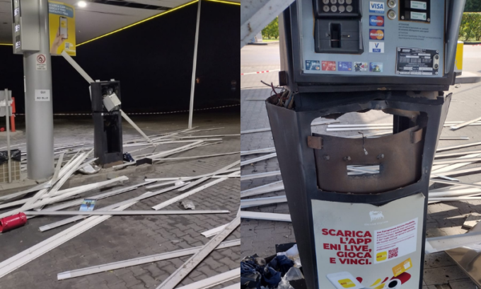 Le foto dell’assalto al distributore Eni di Zero Branco: ladro fa esplodere la colonnina del self, ma brucia anche i soldi