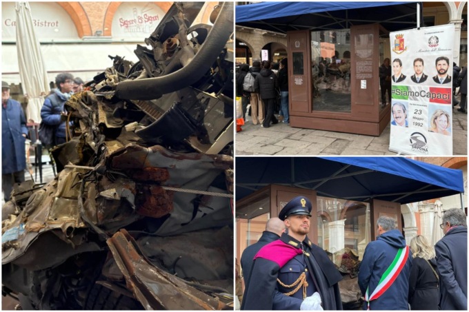 Strage di Capaci, in piazza dei Signori i resti dell’auto della scorta del giudice Falcone