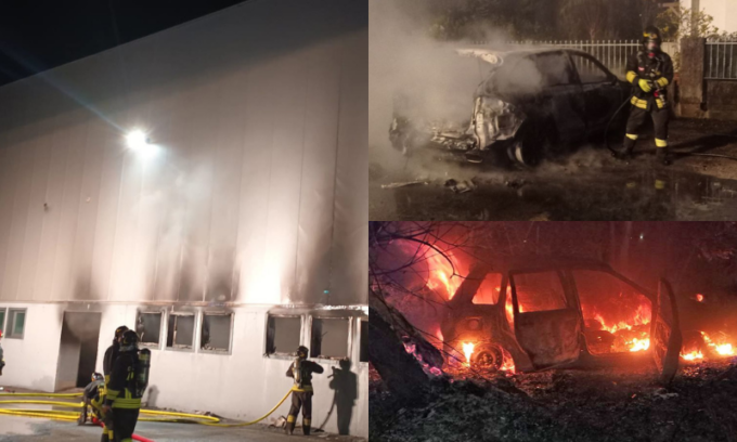 Tre incendi in una notte: due auto a fuoco a Trevignano e Castello di Godego, fiamme in un’azienda a Ormelle