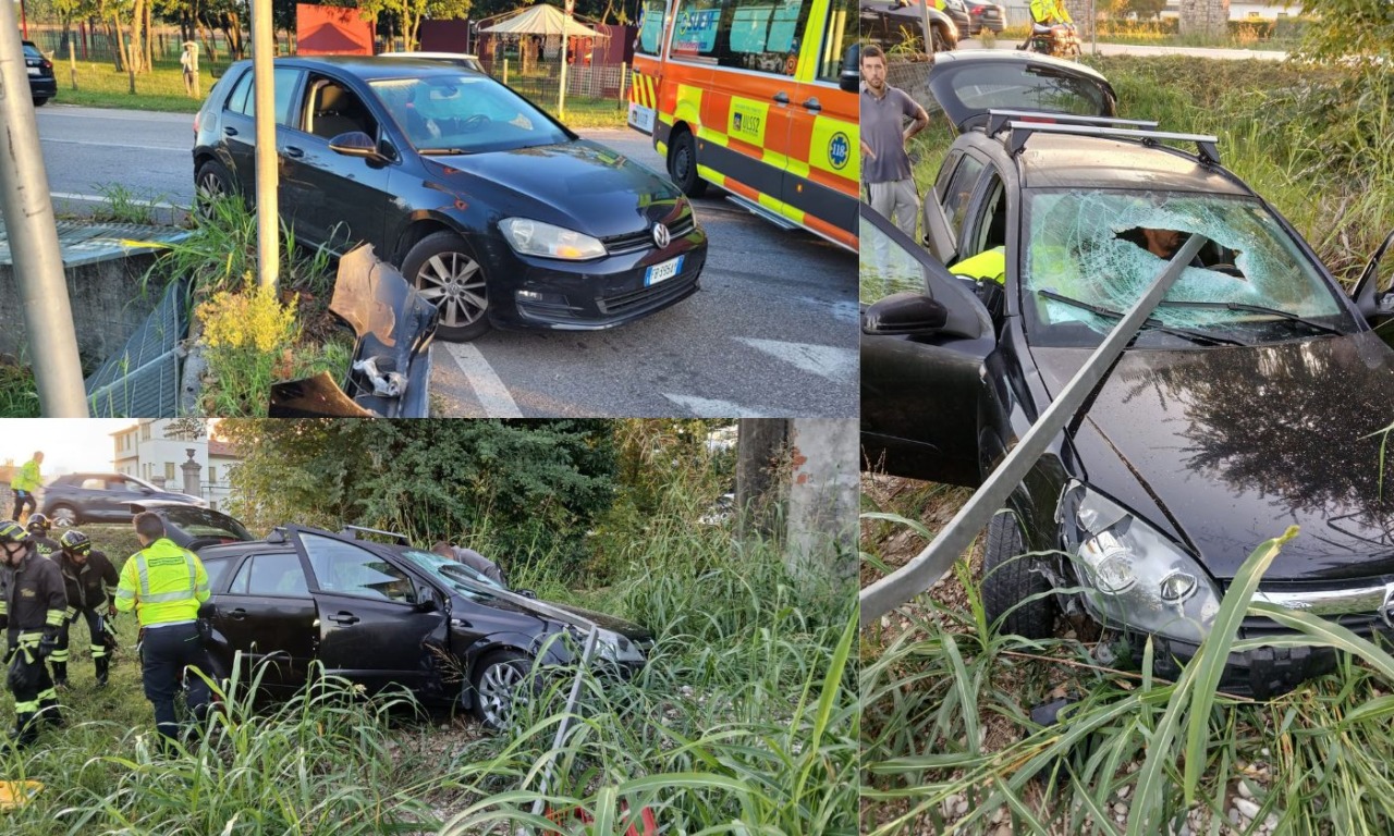 Impatto tra due auto a Villorba, una finisce fuori strada con un palo che sfonda il parabrezza