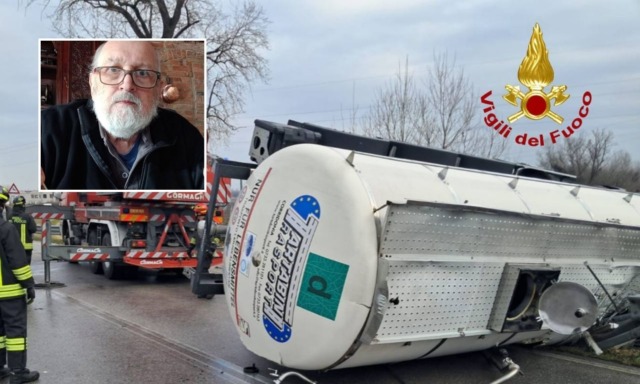 Camion cisterna si ribalta dopo il frontale con un’auto e schiaccia un Doblò: morto un 70enne