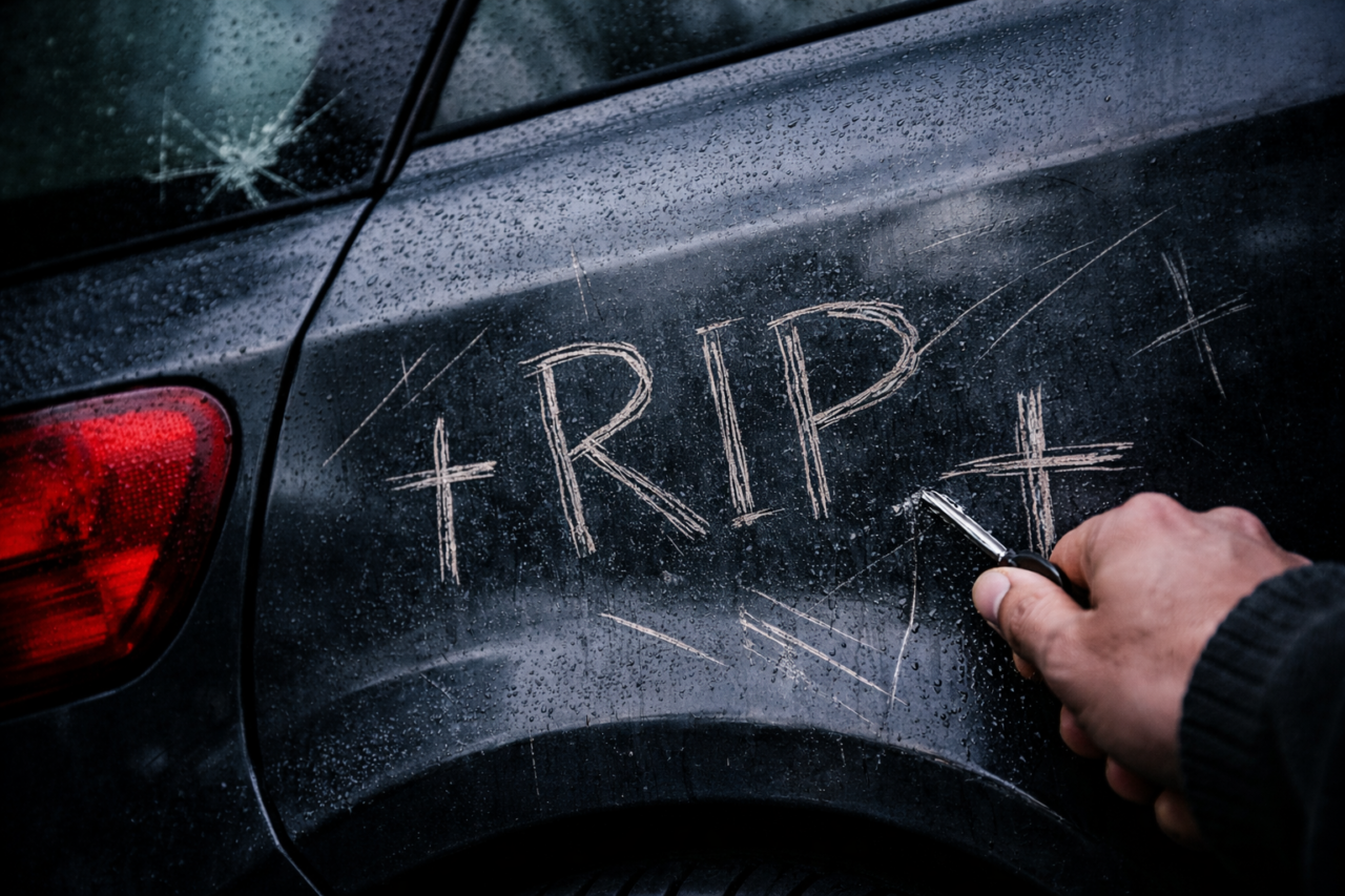 Vandalizzata l’auto di un professore sotto processo: incisi “R.I.P.” e croci sulla carrozzeria